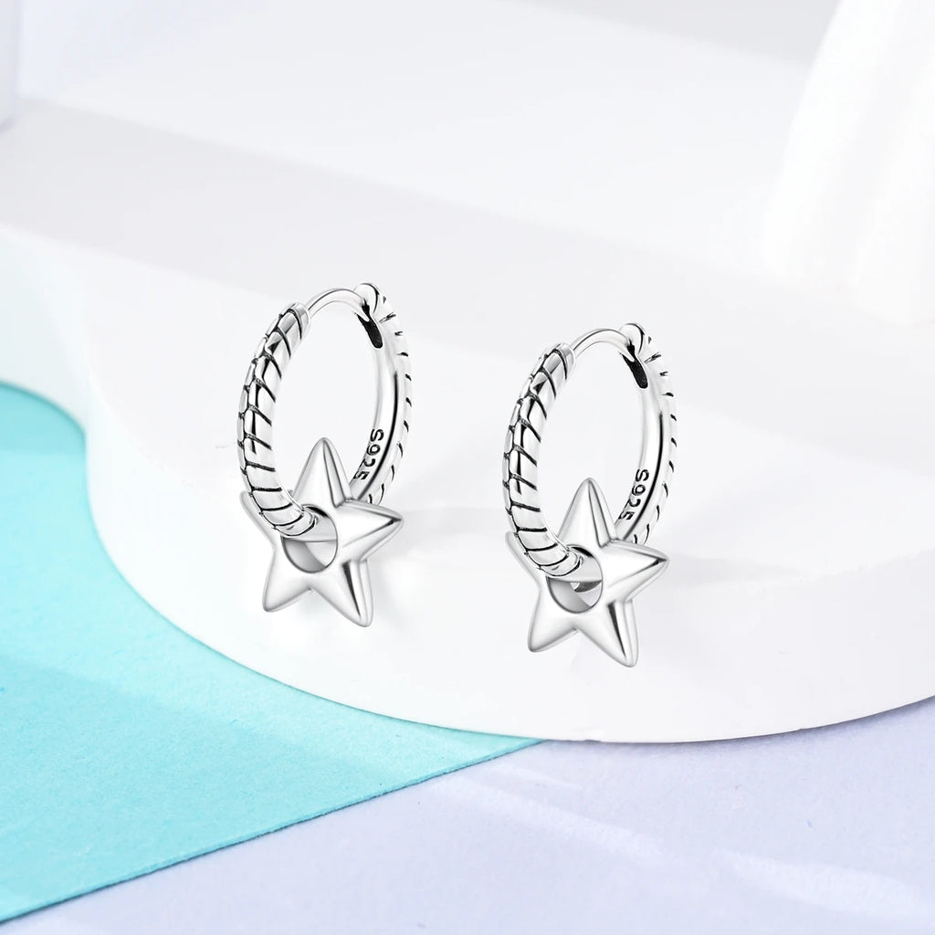 2024 New Sterling Silver S925 Ear Loops Star Ringed Snake Bone Earrings Pendant Simple Jewelry For Women Girls Party Gifts