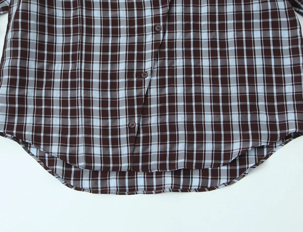 KONDALA Streetwear Casual Chic Women Blouse Plaid Stand Collar Single Breasted Blouse Fashion 2026 Spring Summer Holiday Blouse