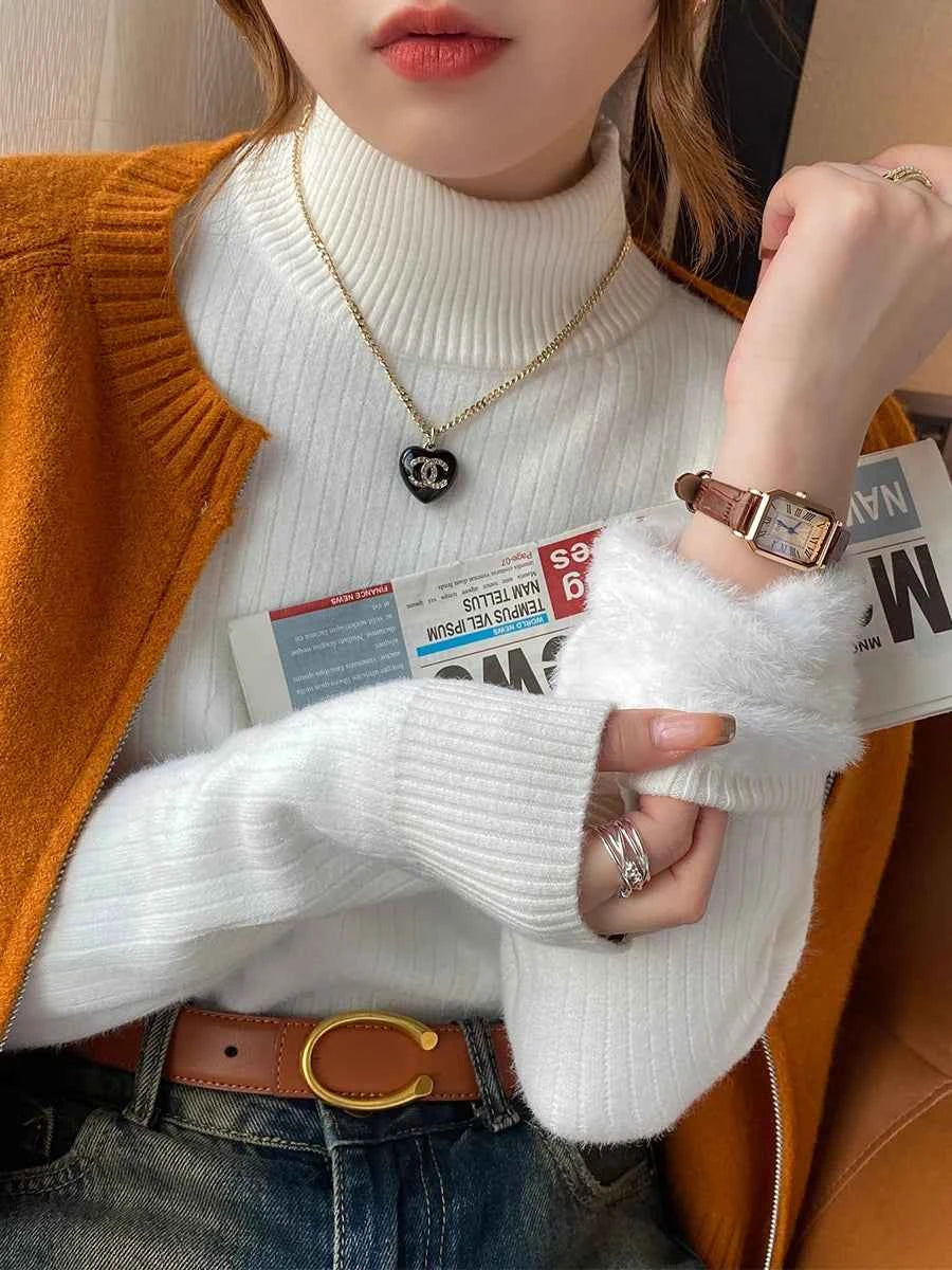 Women's Turtleneck Sweater Winter 2025 Retro with Velvet Lining Thickened Inner Wear Thermal Knitting Bottoming Shirt Pullovers
