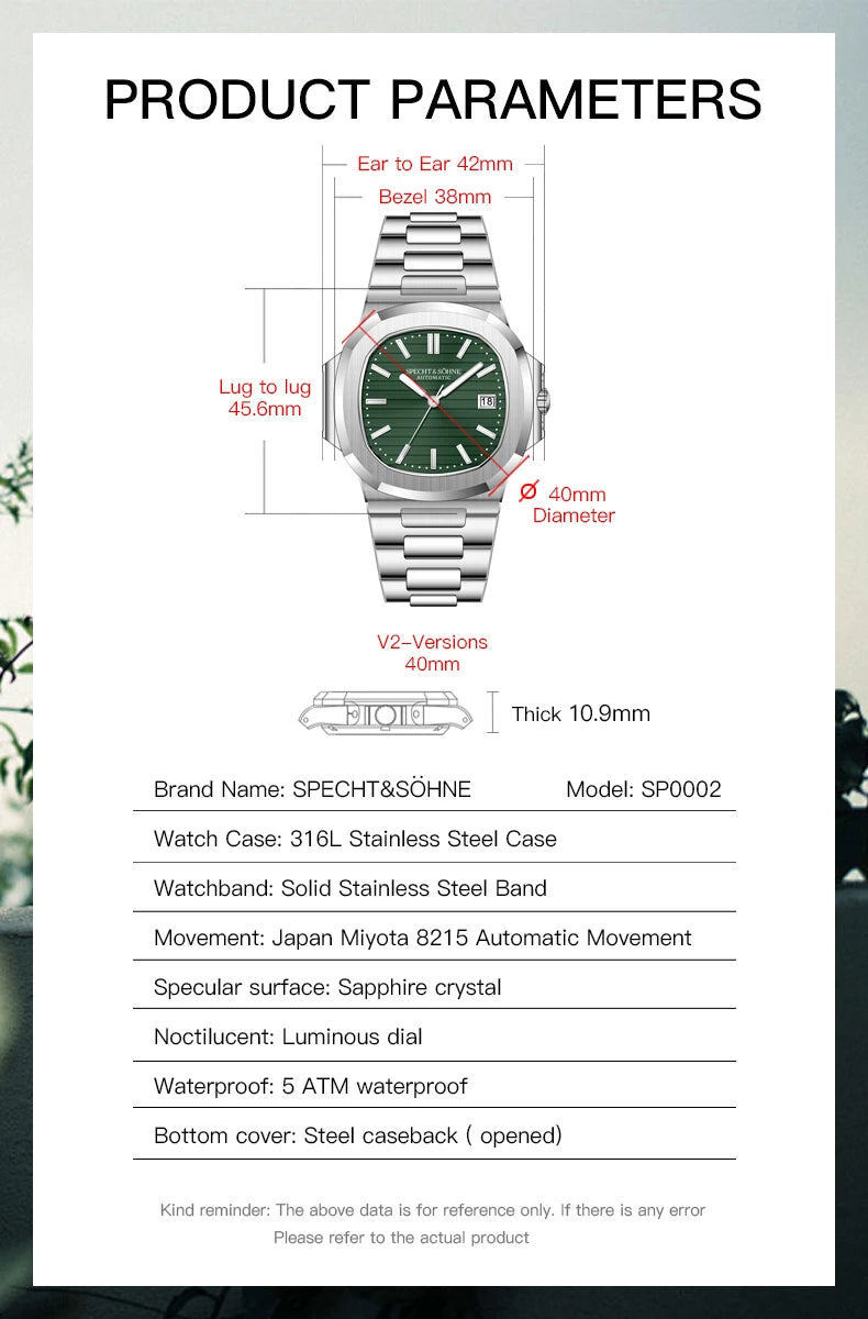 2025 New Specht Sohne Men's Automatic Mechanical Watches  Sapphire Crystal Stainless Steel 50m Waterproof 5711 Watch For Men