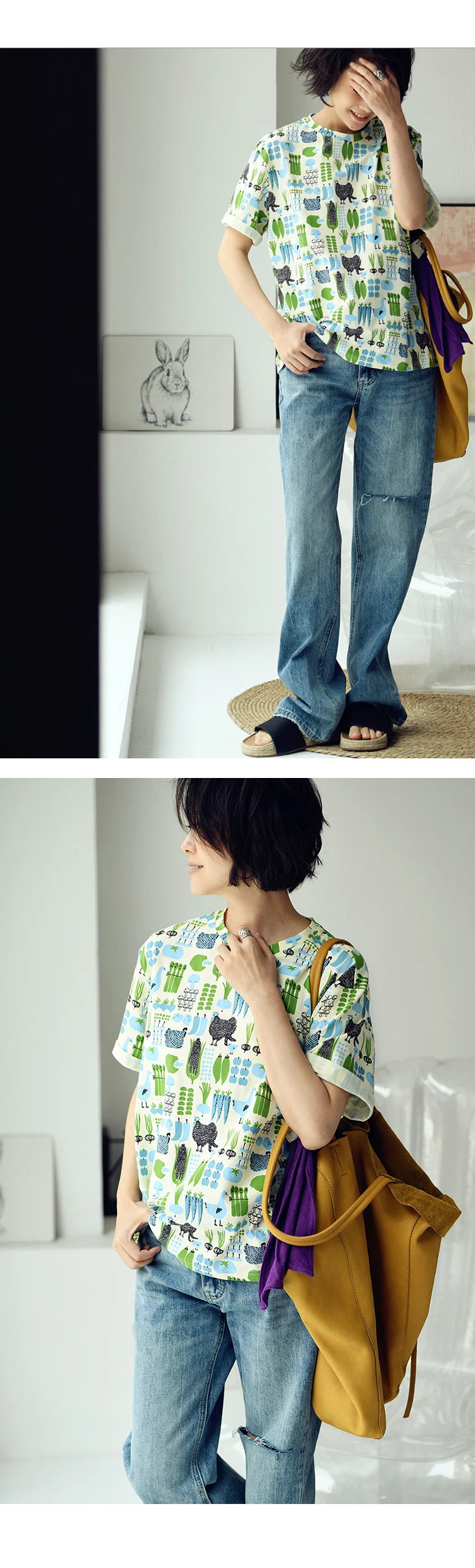 MICOCO T5310C Literary style fresh cartoon print loose crew neck short sleeve T-shirt women