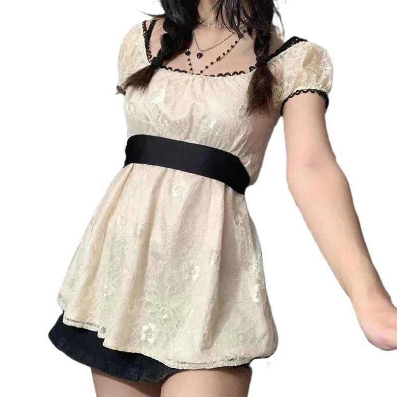 Xingqing 2024 Sweet Fairy Grunge Lace A Line Dresses Summer Women Patchwork Puff Sleeve Kawaii Dress 2000s Aesthetic Outfits