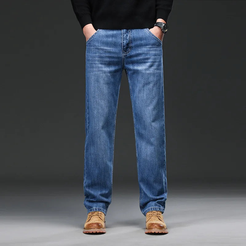 2026 Men Jeans 100% Cotton Thick Straight Plus Big Size 42 44 46 48 140KG Loose Classic Black Denim Trousers Casual Pants