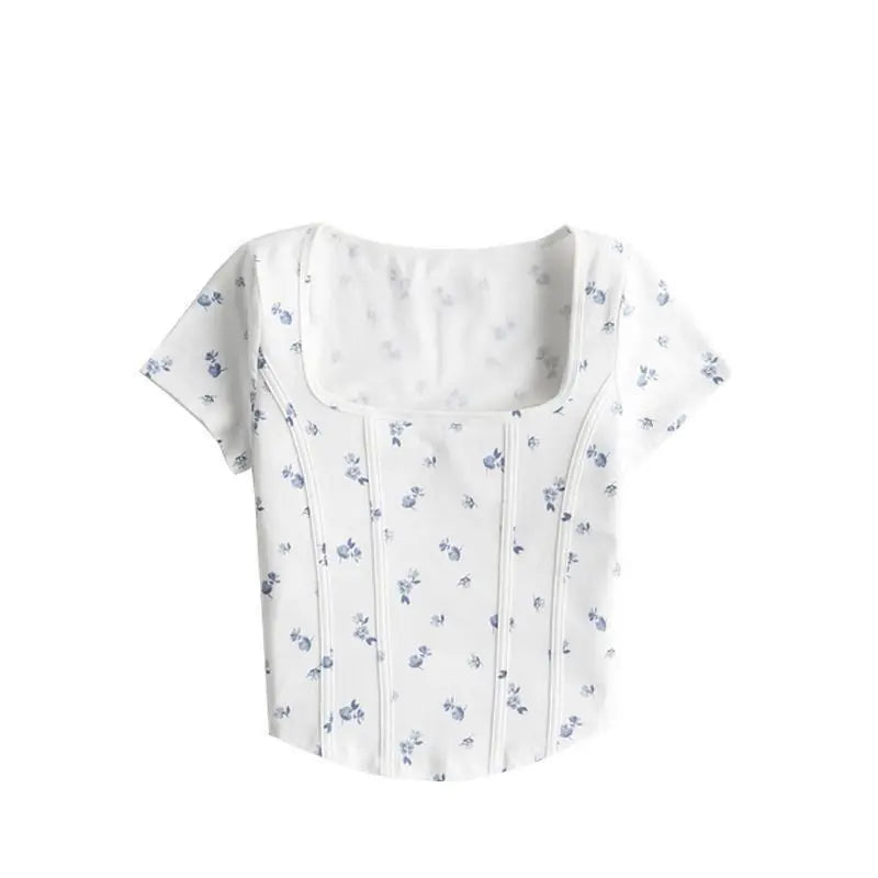 T Shirt Crop Top Women Summer 2026 Flowers Print Cotton Square Collar Pullovers Woman Short Sleeve Tees Slim Fit Sexy Top Female