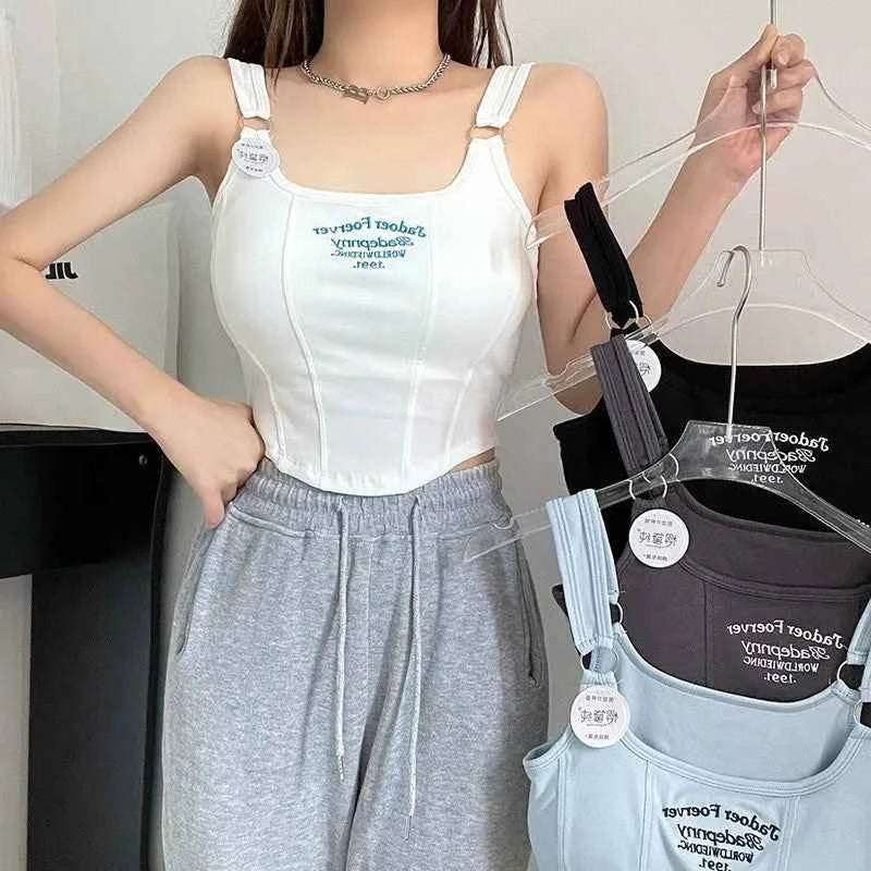 Women Crop Top Summer Y2K Lrregular Hem Slim Tank Tops Casual Sexy Female White Streetwear Letter Tank Tops With Pad Woman