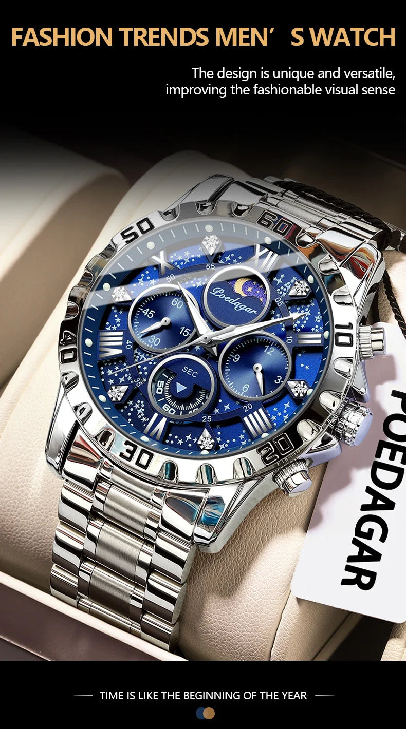 POEDAGAR Luxury Fashion Man Watch Waterproof Luminous Chronograph Men Watch Stainless Steel Sports Military Quartz Men's Watches