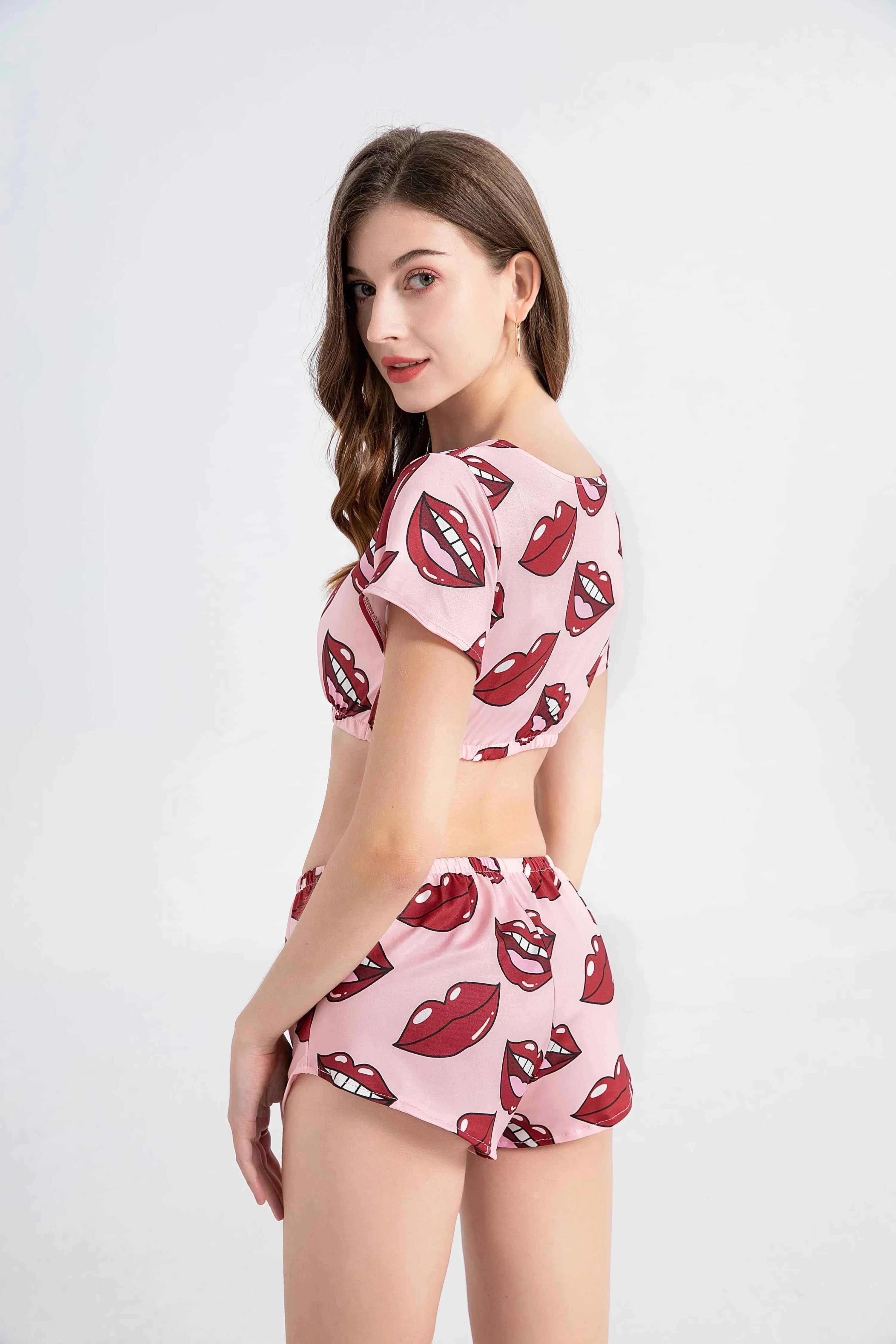 Summer Short Sexy Casual Lips Print Female Sleepwear Suit Pajamas 2pcs Top+Pants Skinng Women Homewear Underwear