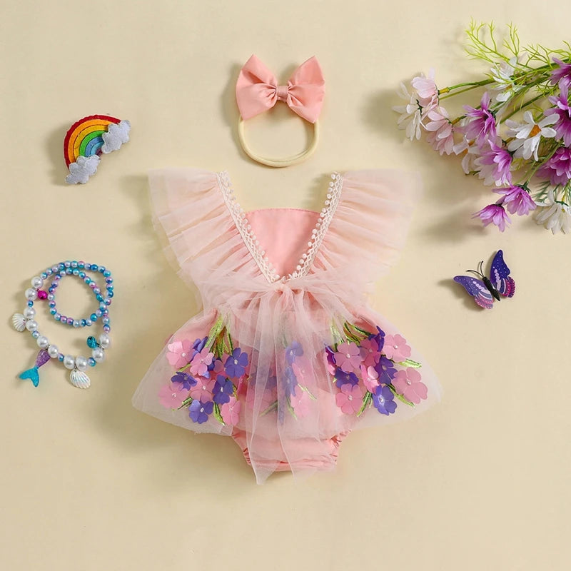 Baby Girl Princess Romper Dress Cute Summer Ruffle Sleeveless 3D Flower Tulle Tutu Rompers with Headband 2Pieces Infants Outfits