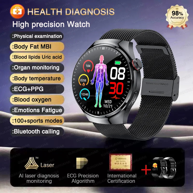 2025 High precision ECG Uric Acid Blood Fat Smart Watch Men Body Fat Blood pressure Heart rate Pulse Health  Watches