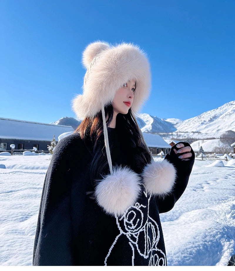 Winter Women Real Fox Fur Hat Fashion Casual Outdoor Warm Knitted Hats Girl Lovely 100% Natural Fox Fur Ear cap bomber caps