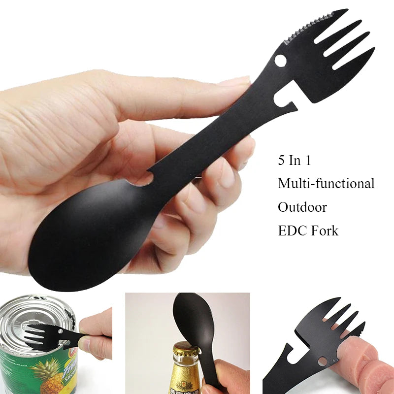 Outdoor Survival Tools 5 in 1 Camping Multi-functional EDC Kit Practical Fork Knife Spoon Bottle/Can Opener Camping Multitool