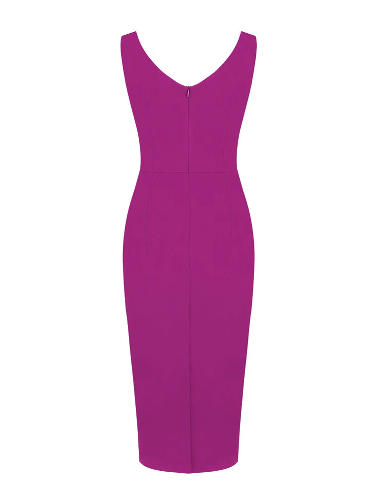 Tonval Sweetheart Neck Sleeveless Office Midi Pencil Dresses for Women 2023 Vintage Red Solid Elegant Slim Bodycon Dress