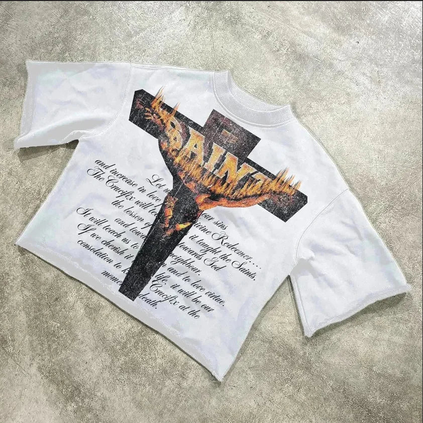 Streetwear Summer Tops Mens Womens Clothing Goth Retro Casual Cotton Oversized Short Sleeve Harajuku Cross Graphic Print T Shirt