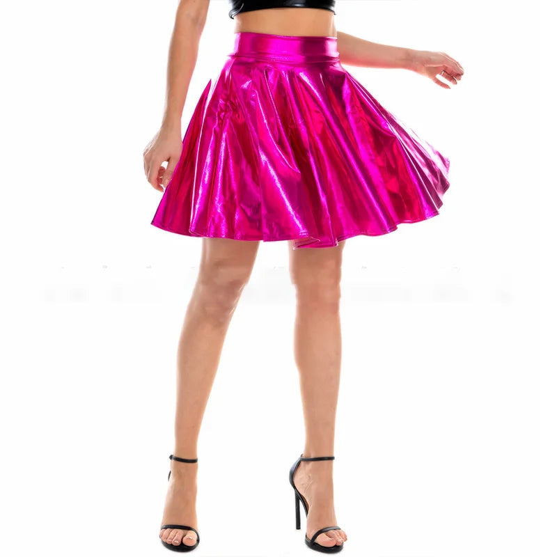 Women Summer Sexy Laser Skirts Mini PU Leather Club Party Dance Shiny Holographic Skirts Harajuku JK Metallic Pleated Skirts