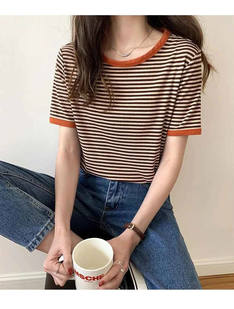 Striped Short Sleeve T-shirt Women's Summer New Korean Version Loose Retro Contrast Slim Round Neck Top Women's Fashion Casual