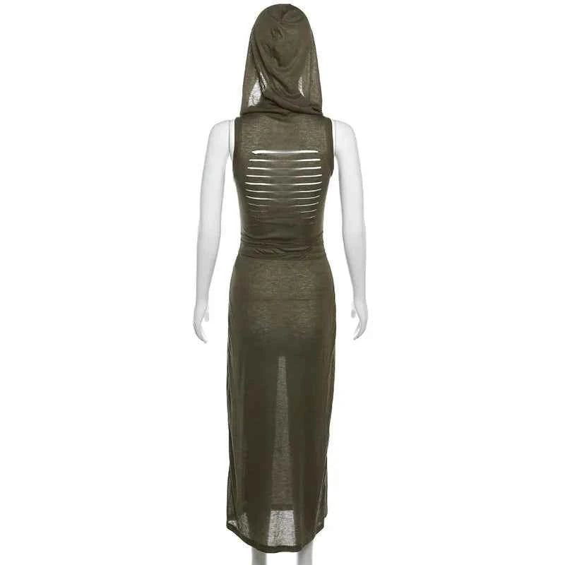 Summer 2023 Sexy European And American Style Sleeveless Hooded Dress Long Split Hollow out Pure Color Women's Gown