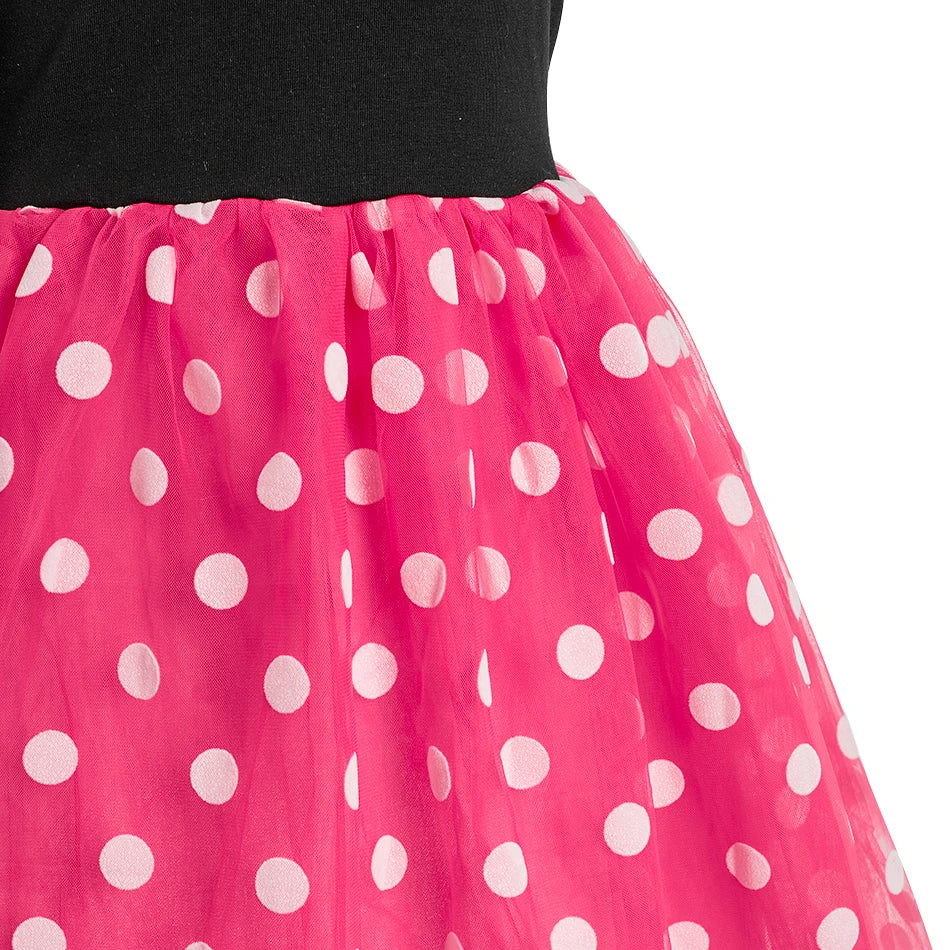Children Casual Clothes Summer Short Sleeve Dots Girls Dress Kids Peter Pan Collar Cute Birthday Costume with Mouse Ear Headband