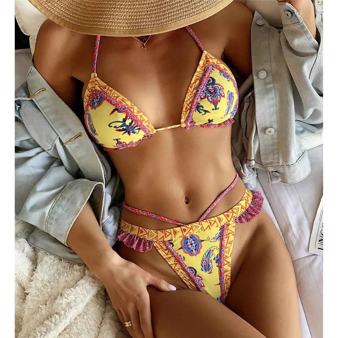 5 Colors Sexy Printed Halter Frilled Bikini Women Swimwear Female Swimsuit Two-pieces Bikini set Bather Bathing Suit Swim V4651