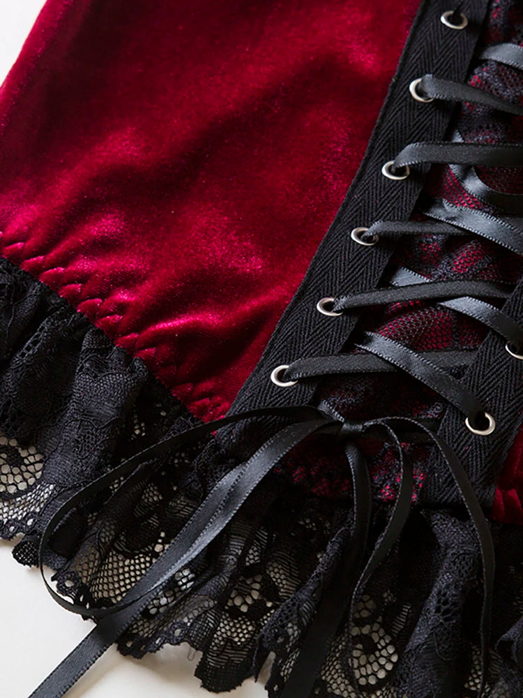 Women Elegant Retro T-shirt Y2K Gothic Style Lace Backless Top Woman Wine Red Sling Tank Waistcoat Sexy Slim Fit Crop Tops