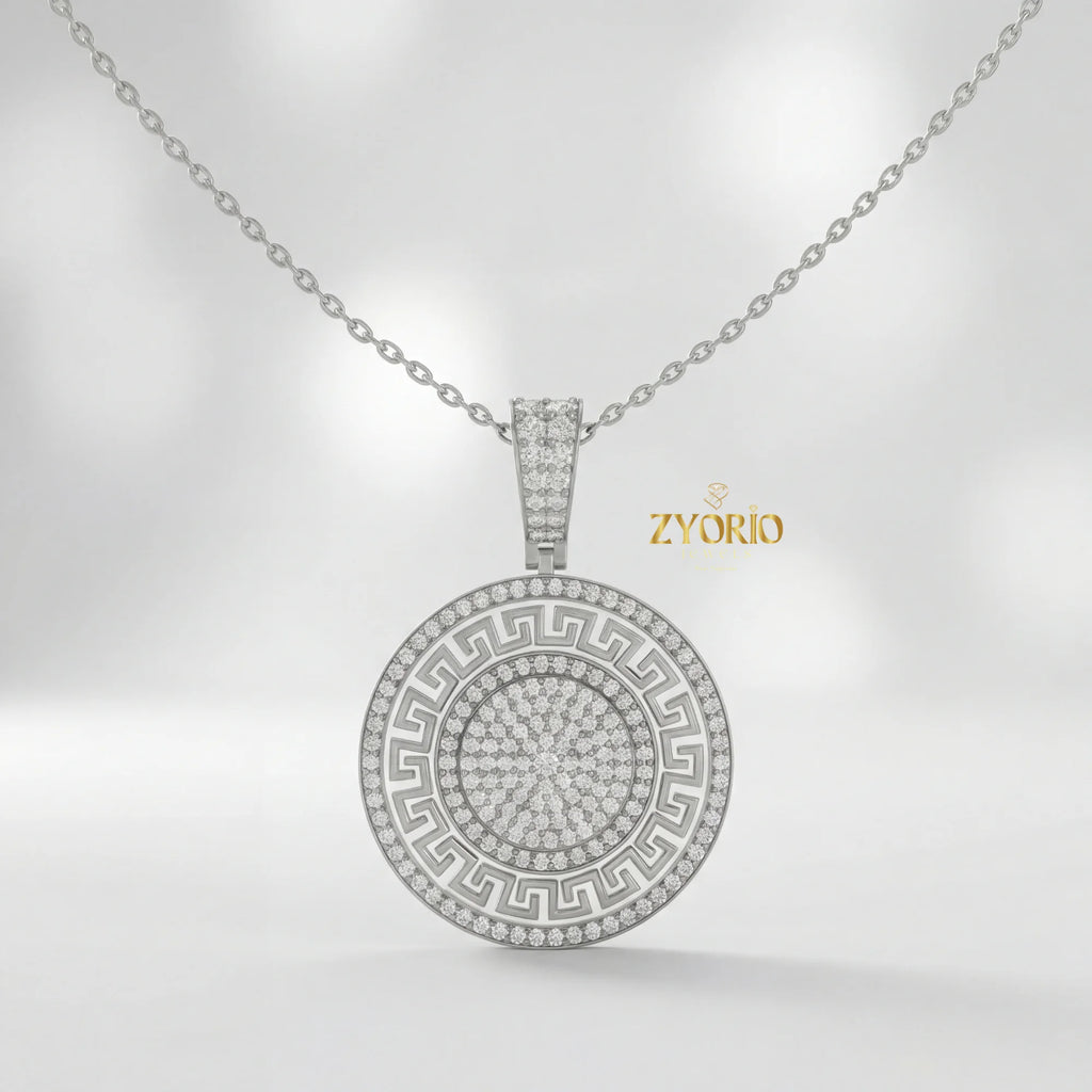 Gold Plated Greek Key Diamond Medallion Link Chain Pendant Luxury Engagement Wedding Anniversary Party Jewelry