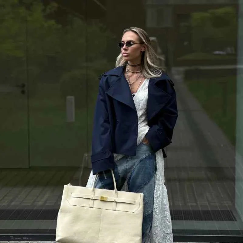 Cropped Lace-up Blue Casual Trench Coat Women Lapel Long Sleeve Wide Shoulder Windbreaker Jacket Fall Commute Daily Streetwear