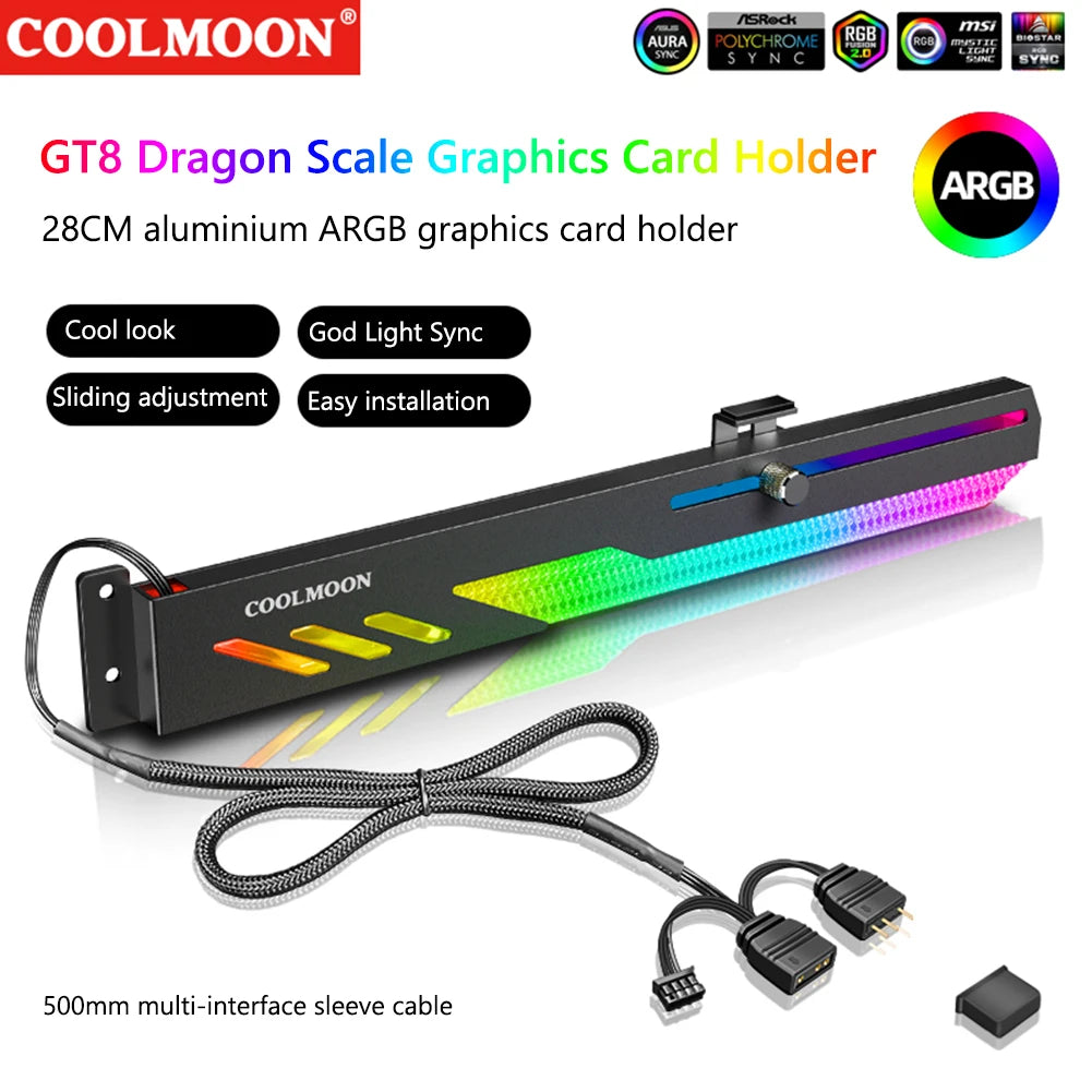 GT8 Horizontal GPU Support 5V ARGB Bracket Computer Video Card Stand GPU Holder with Aluminum Alloy Shell Slide Adjustment
