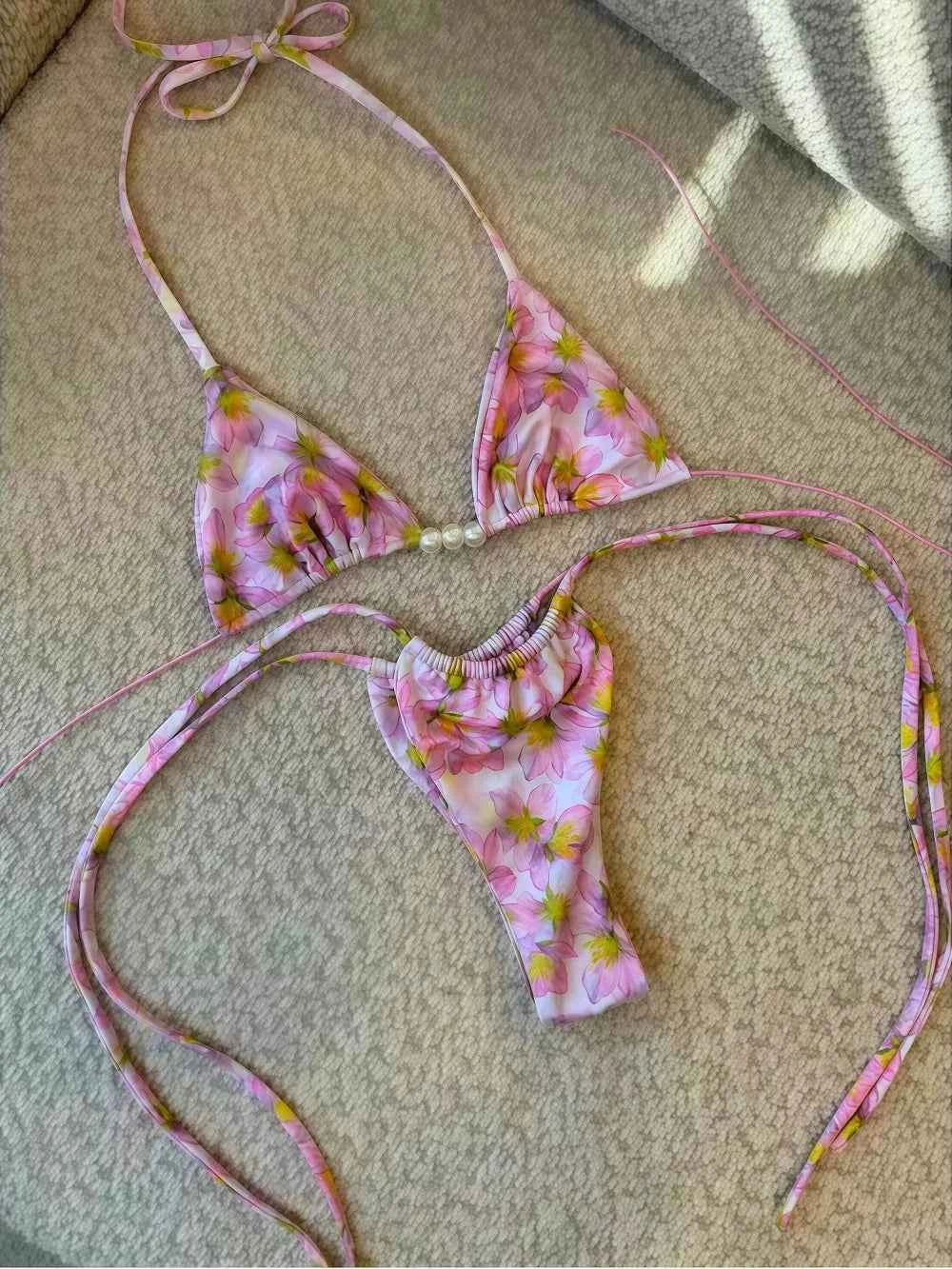 Micro Bikini 2026 Swimwear Women Swimsuit Sexy luxury Brazilian Bikini Set Halter Print Biquini Push Up Pearl Beachwear Female