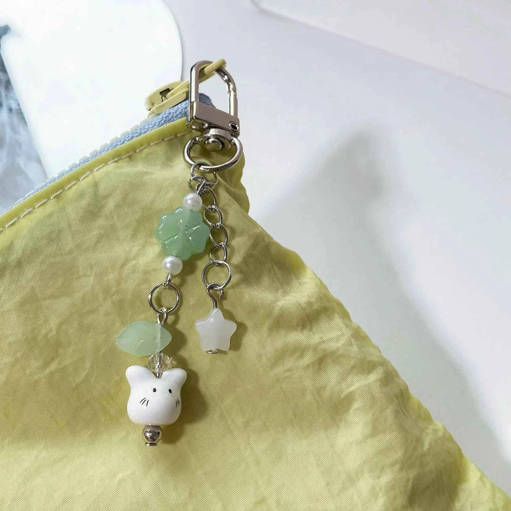 Handmade Four Leaf Clover Beaded Phone Charm Y2K Cute Ceramics Cat Backpack Keychain Bag Key Ring for Girls Christmas Gift