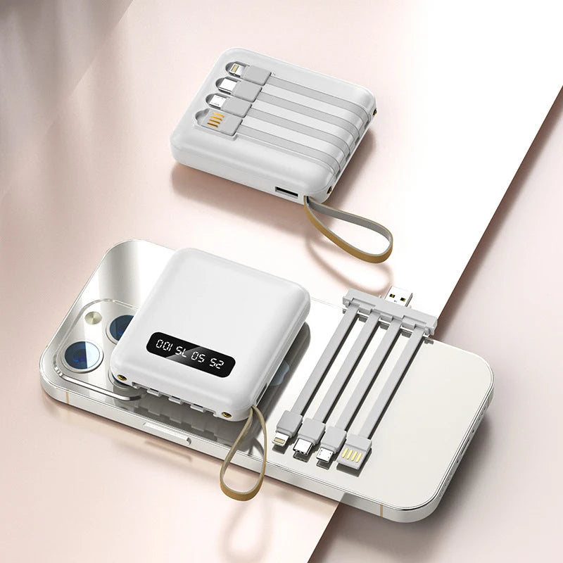WHITE 1 Color Mini Power Bank 20000mAh – 4 Built-In Cables & Display