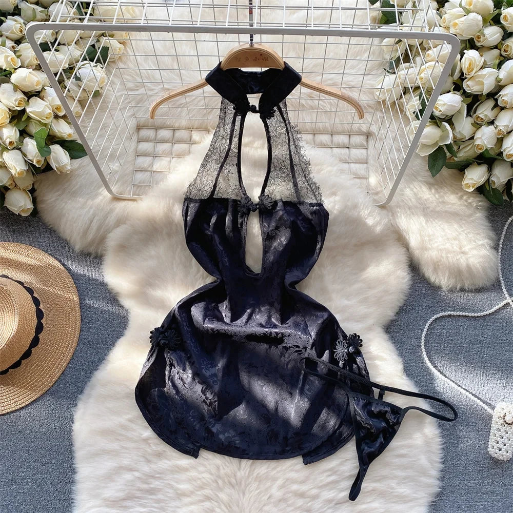 Summer Girls Sexy Hot Sweet Transparent Suspender Mini Dress Women Elastic Waist And Backless Strap Lolita Pajamas Bubble Skirt