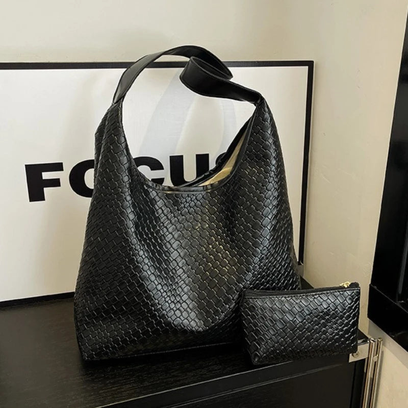 Women's Retro Artificial Leather Woven Pattern Shoulder Bag,Large Capacity Tote Bag,Casual Armpit Bag, Large Tote Bag,Daily Work