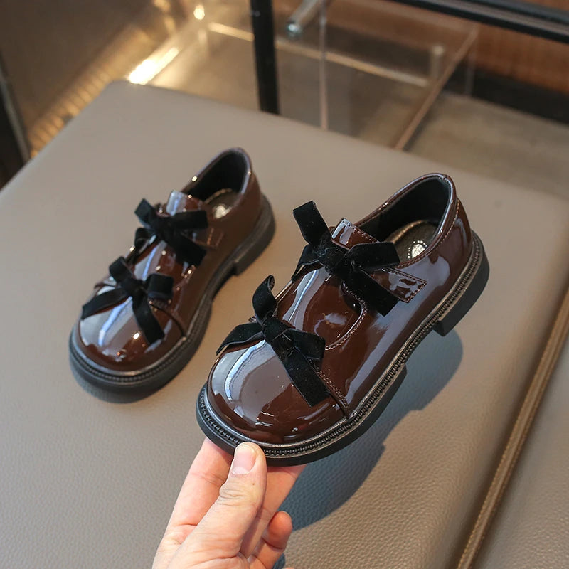 Chic Girls Black Mary Jane Shoes with Double Bowknot Spring Autumn Kids Princess Leather Shoe Fashion Causal Children Flat Shoes
