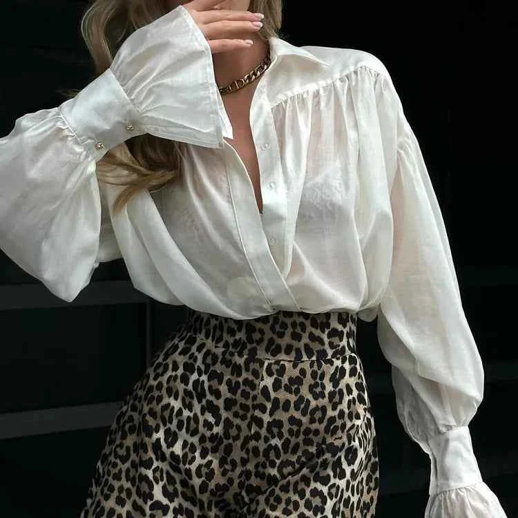 Bornladies Autumn Women's Fashionable Loose Collared Shirt Office Lady Solid Color Versatile Flare sleeve Top Long Sleeved Shirt