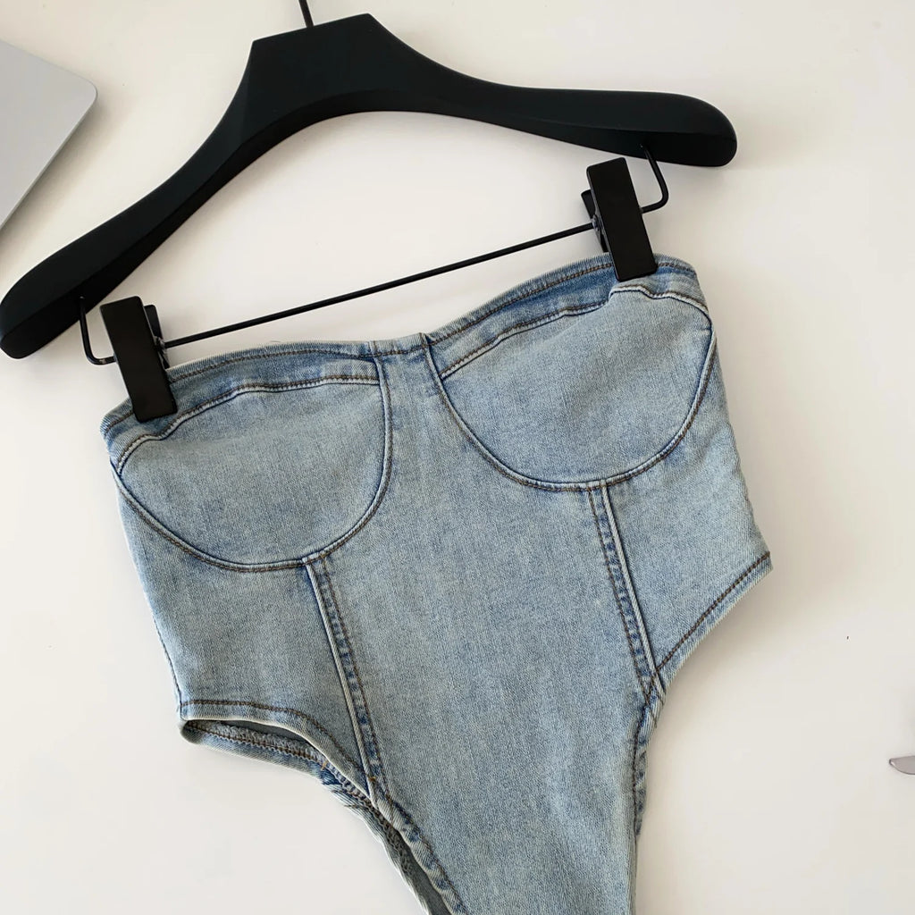 SINGREINY Hot Girl American Retro Sexy Top Female 2026 Minimalist Sleeveless Edgy Beach Bodysuit Strapless 1950s Denim Tank Top
