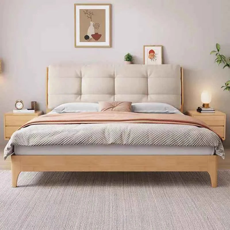 Home Furniture Bedroom Heavy Duty Wood Platform Dormitory Bed with Wood Headboard, Modern Double Bed Frame