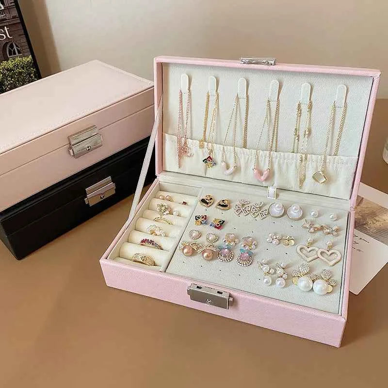 Large Square Jewelry Box Solid Color Leather Lock Boxes Earrings Necklace Bracelet Storage Display Boxes Travel Portable
