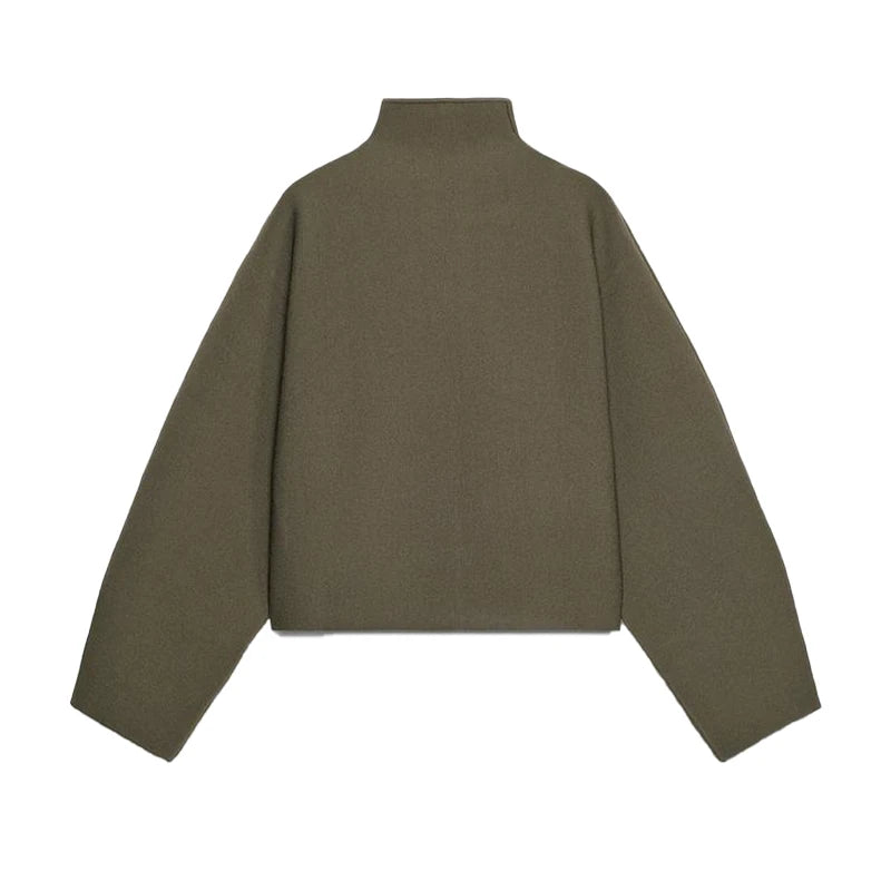 Vintage Stand Collar Women's Cropped Jacket Zipper Loose Full Sleeve Thick Warm Coat 2025 Autumn Winter Lady New in Outwear