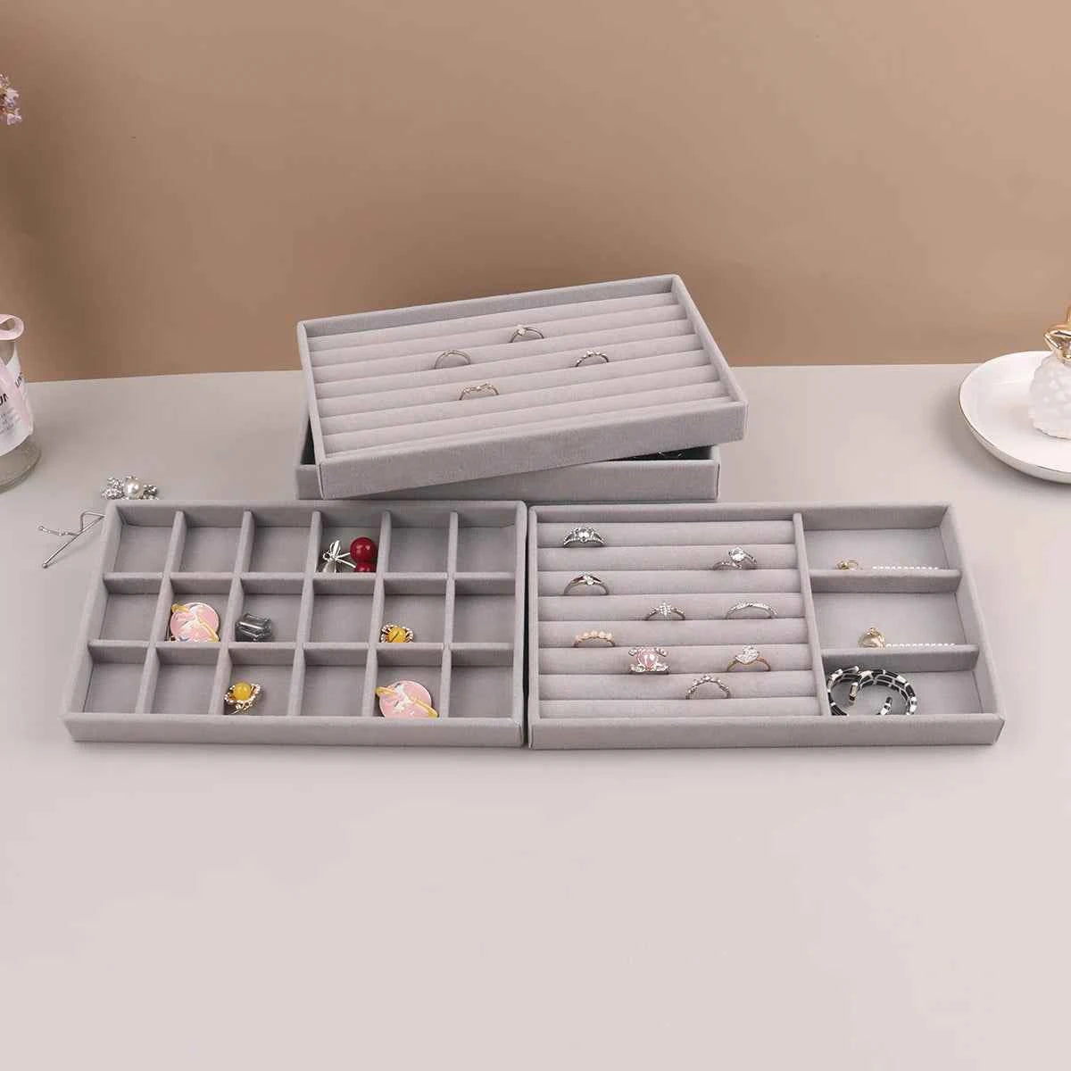 Velvet Jewelry Display Stackable Exquisite Jewellery Holder Portable Ring Earrings Necklace Organizer Box organizator de boys