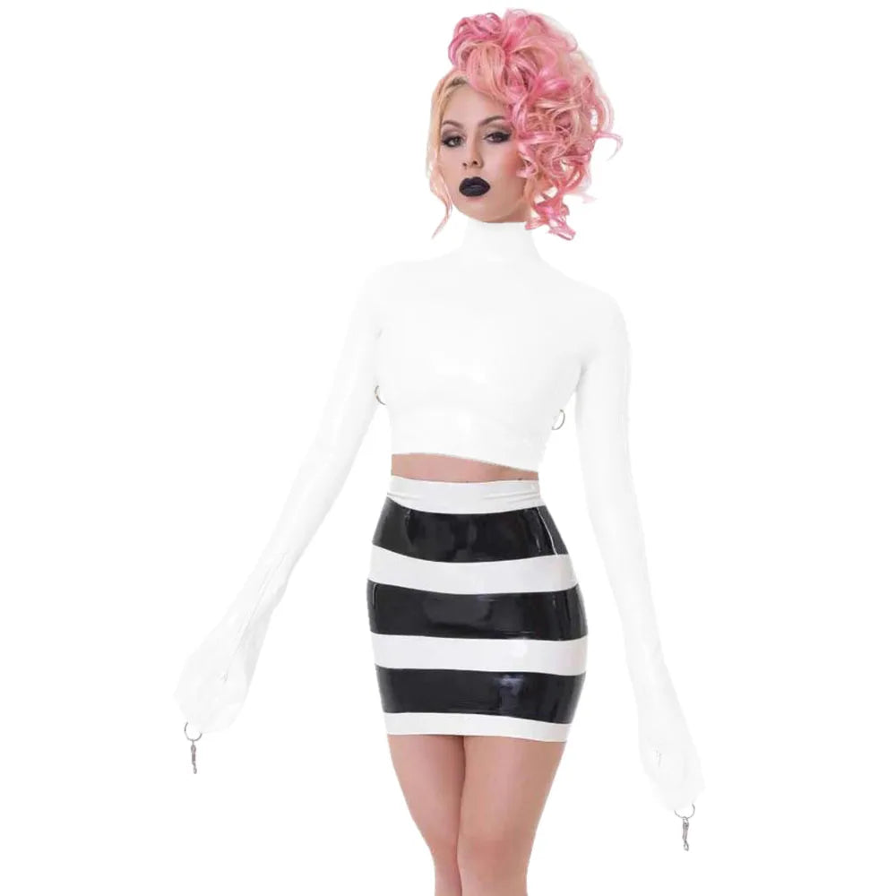 Sexy Crop Tops with Finger High Neck, Slim Skinny Leather, PVC Short Shirts, Vinyl Sexy Top with Lock Key, Club Night