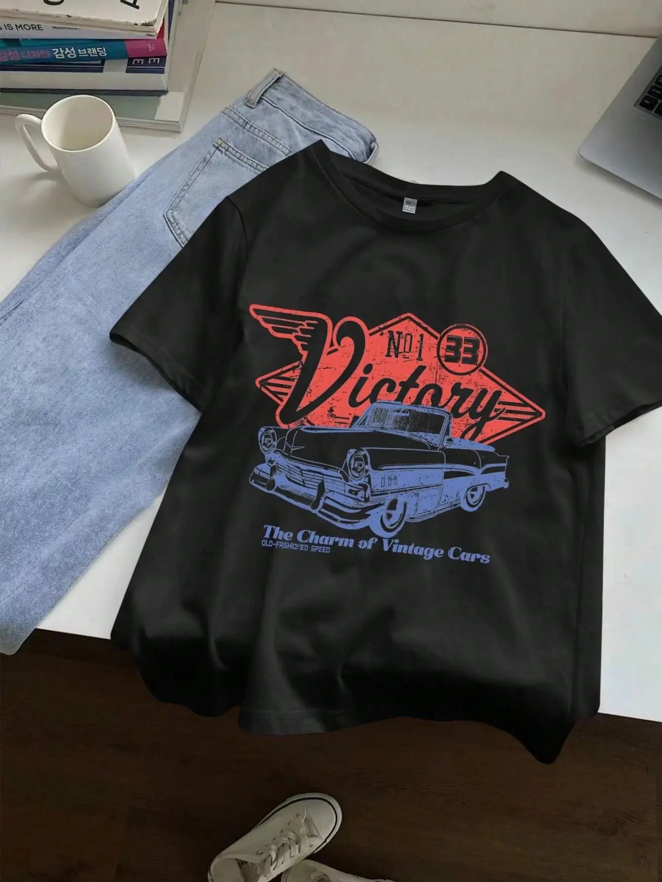 Women Cotton T-shirts The Charm Of Vintage Cars Victory Printing Short Sleeve O-Neck Loose Tops Summer Street Female Clothes