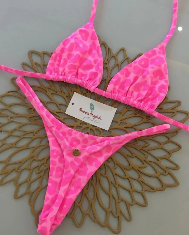 Print Sexy Bikini Sets Halter Lace-up Tops Thongs Beach Style Bathing Suit Y2k Swimsuits Women Beachwear Купальник Женский