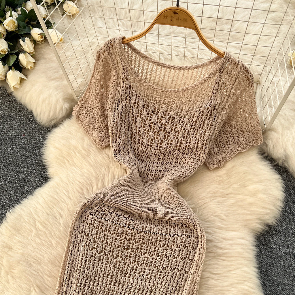 Women Hollow Knitted Dress Summer Flower Short Sleeved Fishtail Bodycon Dress with Camisole Dresses Vintage Party Long Robe