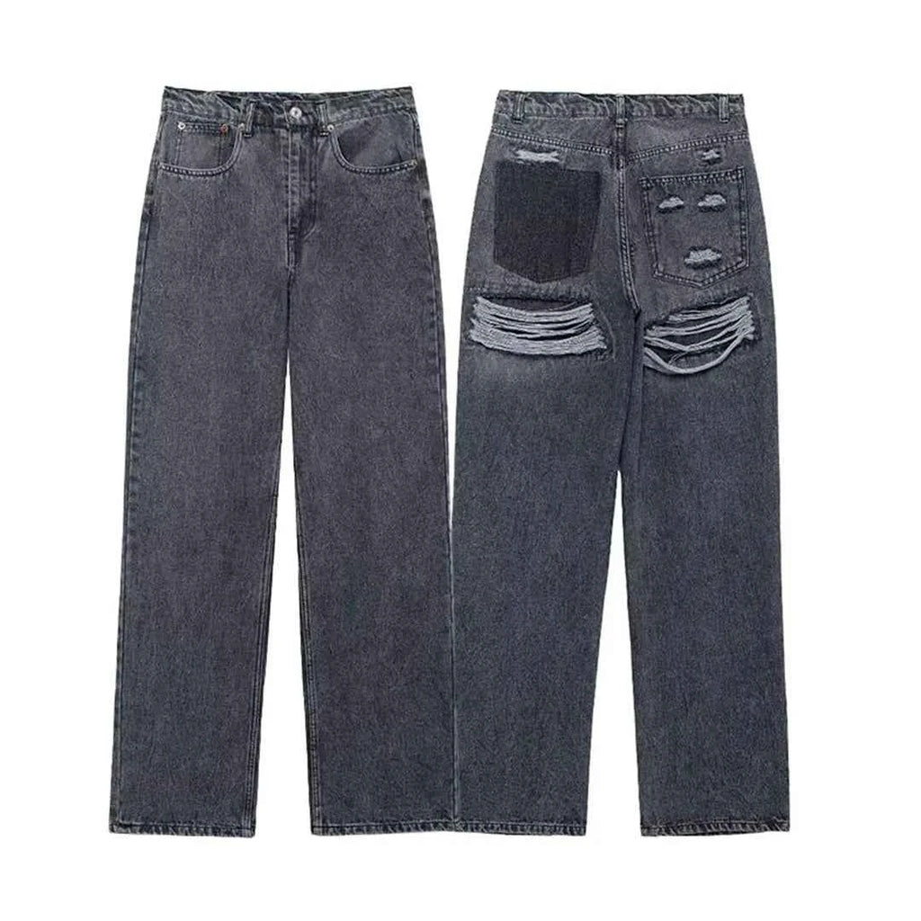 HH 2024 Women's Street Fashion Denim Blue Jeans Distressed Patchwork High Waist Zipper Fly Ripped Retro Long Pants