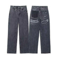 HH 2024 Women's Street Fashion Denim Blue Jeans Distressed Patchwork High Waist Zipper Fly Ripped Retro Long Pants