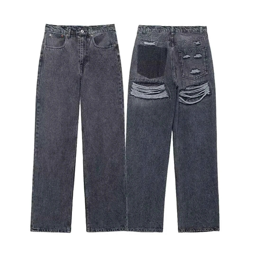 HH 2024 Women's Street Fashion Denim Blue Jeans Distressed Patchwork High Waist Zipper Fly Ripped Retro Long Pants