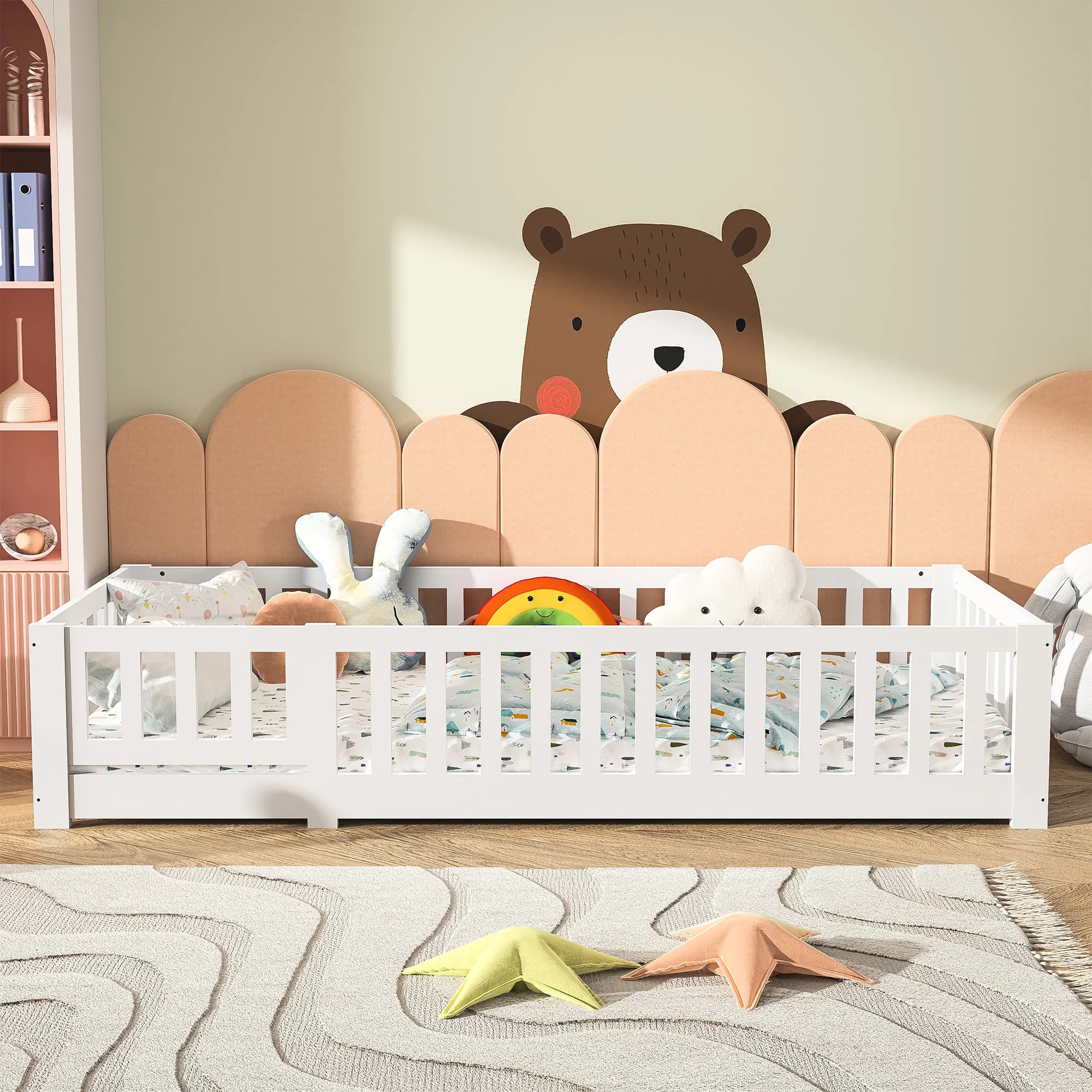 RosahqndaKids Children's Bed Solid Montessori Wooden Floor Bed with Fall Protection - Safe Toddler Bed - Scandinavian Design