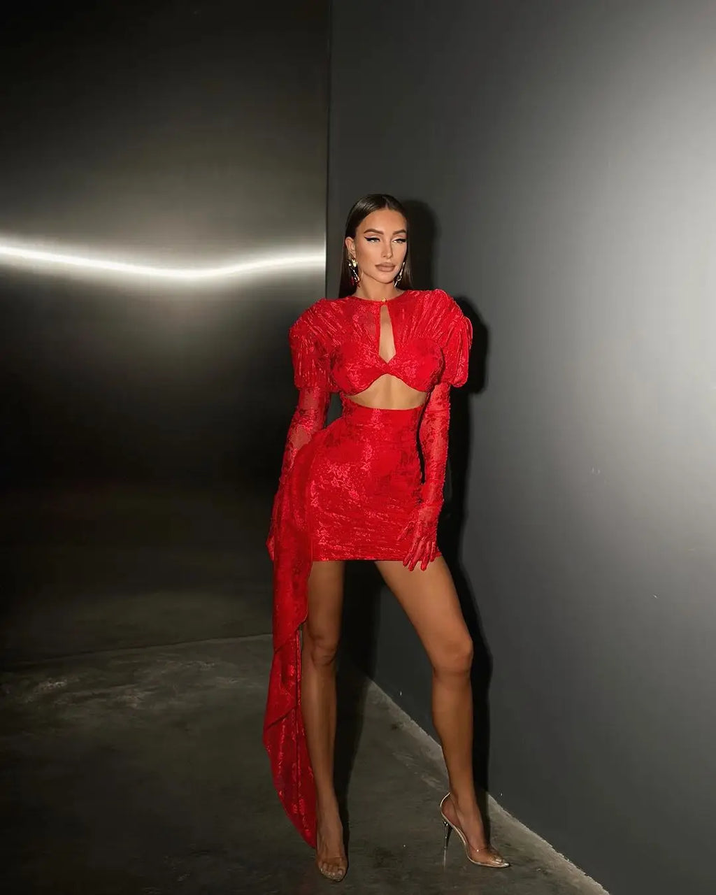 High Quality Red White Women Long Sleeve Sexy Lace Draped Bodycon Mini Dress Gloves Nightclub Party Celebrate Birthday Dress