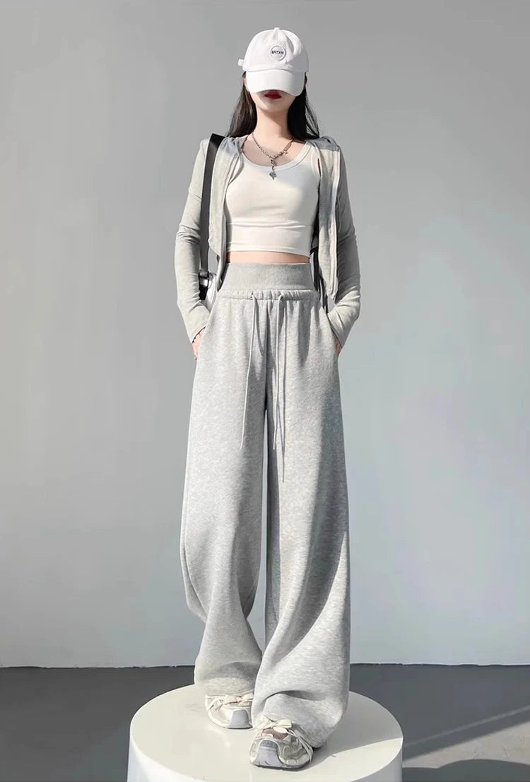 Women's Gray Sports High Waist Hanging Loose Slimming Straight Leg Wide Leg Pants American Sweatpants