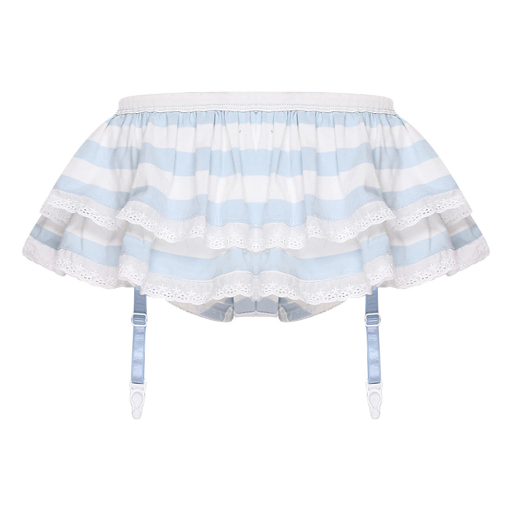 Women Anime-style Built-in Briefs Miniskirt with Garters Belt Culottes Cute Tiered Striped Hem with Lace Trim Bow Shorts Skirt