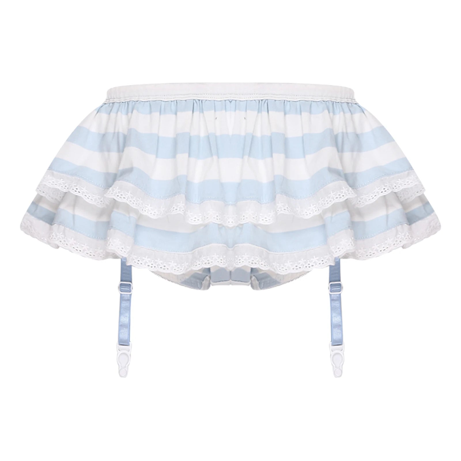 Women Anime-style Built-in Briefs Miniskirt with Garters Belt Culottes Cute Tiered Striped Hem with Lace Trim Bow Shorts Skirt